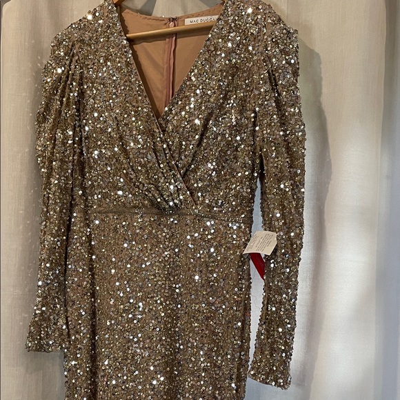 MAC DUGGAL Champagne Gold Sequin Beaded Long Wrap Dress  Puff Sleeve size 12 - Picture 8 of 15